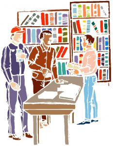Stylized graphic of Students at a table in the Library