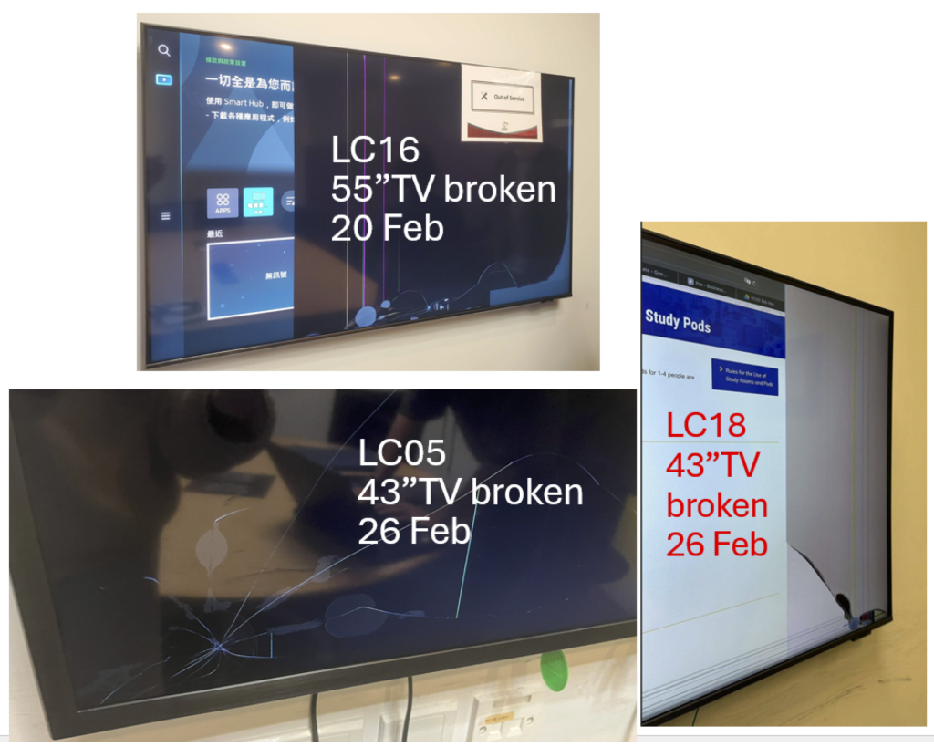 Photos of broken TVs in study rooms with dates