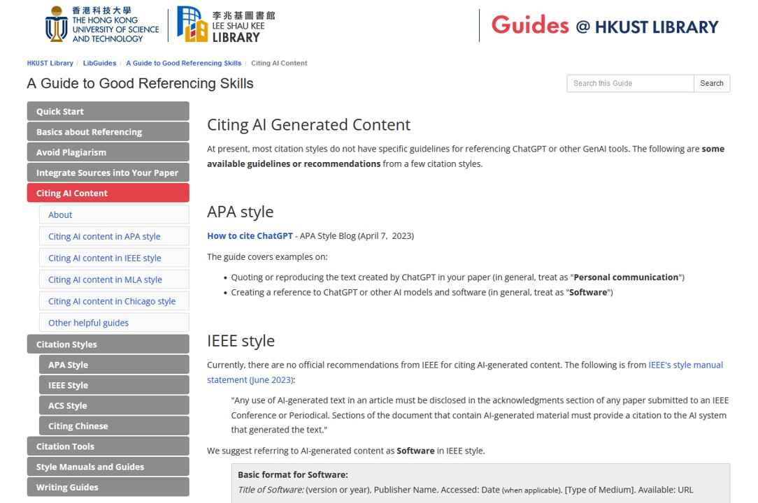 screen capture of https://libguides.hkust.edu.hk/referencing/citing-AI