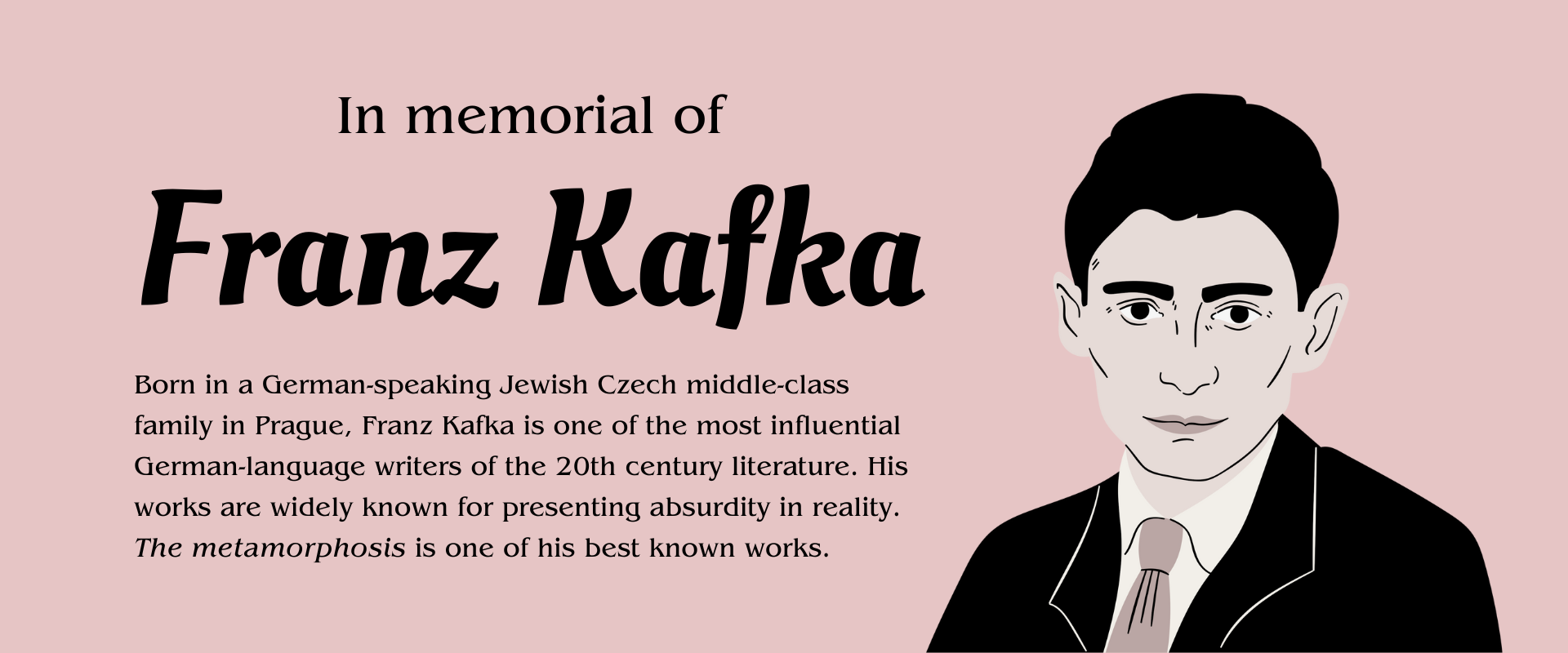 Drawing of Franz Kafka with in memorial wording. Image designed by HKUST Library with Sketchify Education at https://www.canva.com/icons/MAFCy7WwpEs/