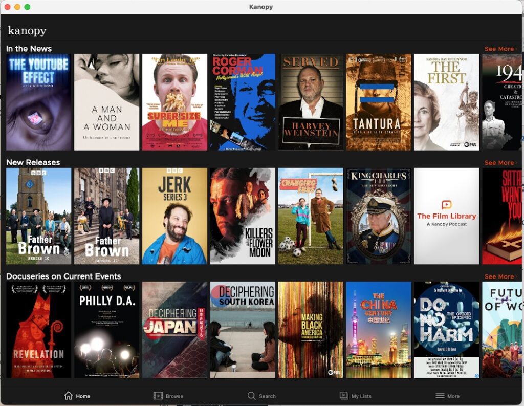 Screen capture of the Kanopy app interface