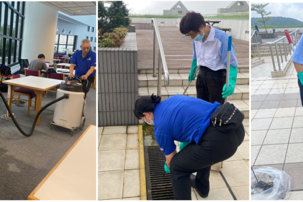 Campus cleaning crew helping to prepare for typhoon coming