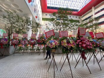 The flower baskets display outside the Library - view from the Library