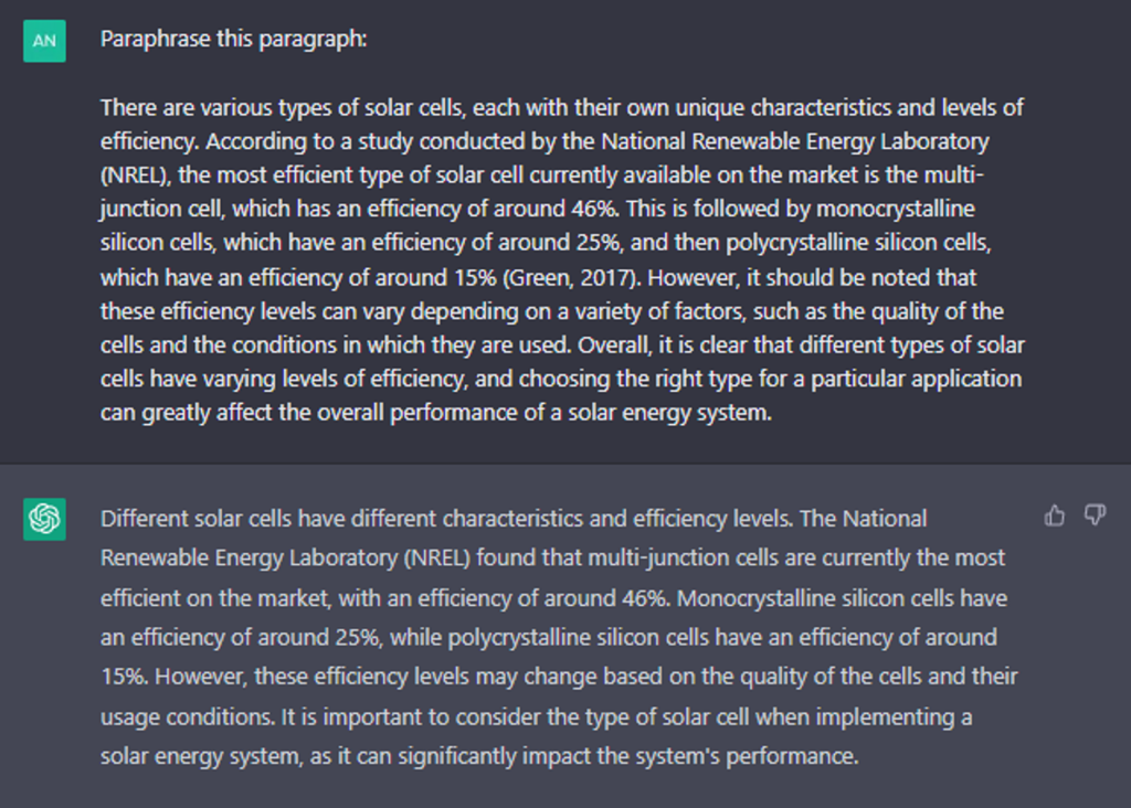 Paraphrase the paragraph about solar cell efficiencies