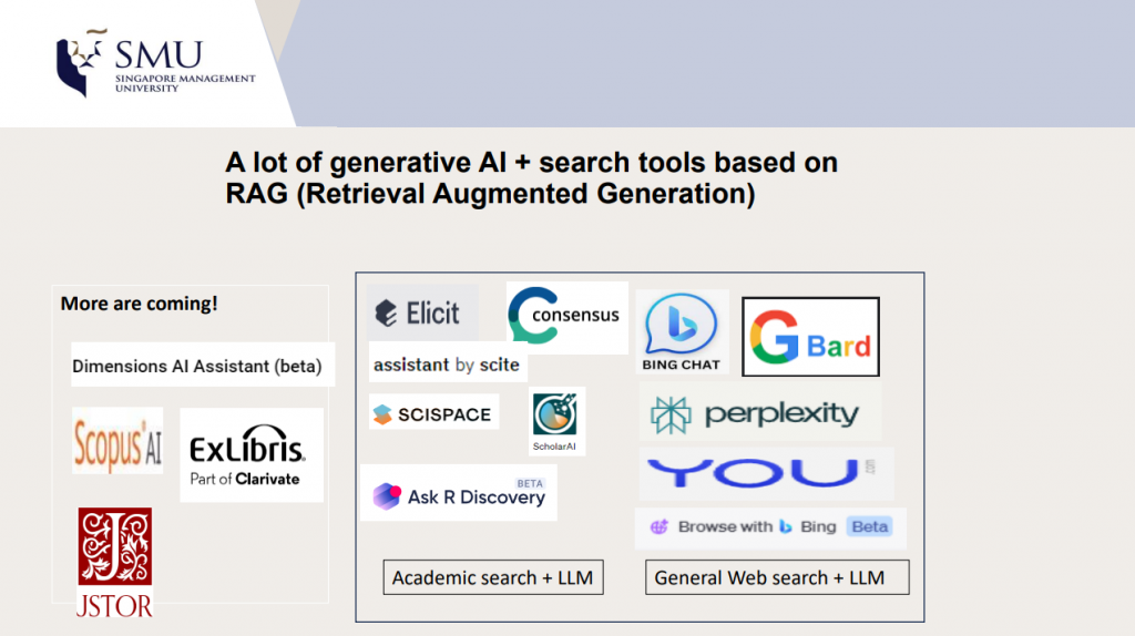 A lot of generative AI + search tools based on RAG (Retrieval Augmented Generation)