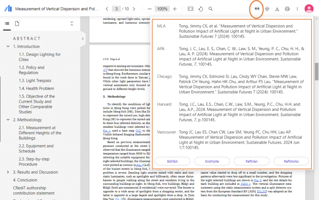 On the top right corner, users can view GS citation metrics, and generate citation records.