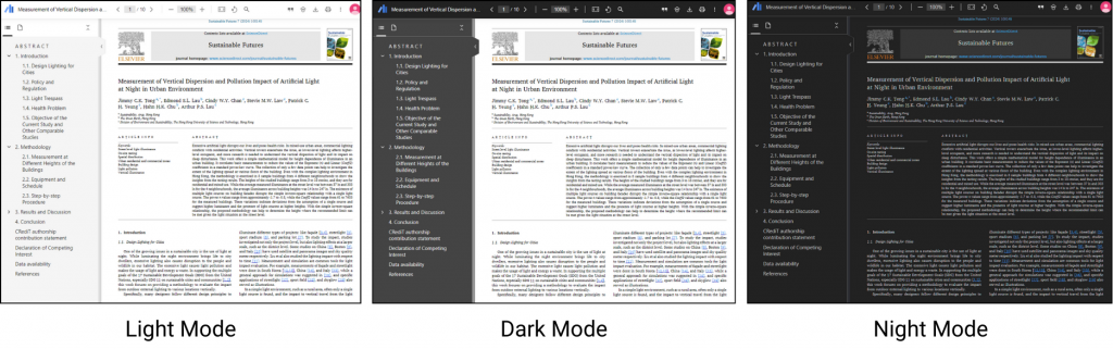 different reading mode: light, dark, and night