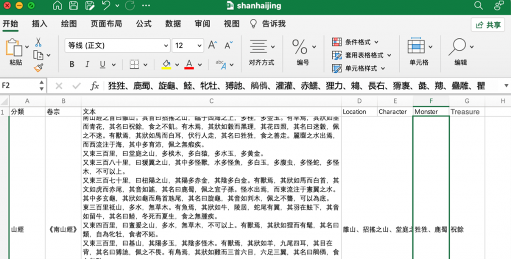 Shan Hai Jing Text In Excel