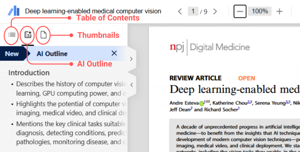 Side Column Options: Table of Contents, AI Outline, and Thumbnails