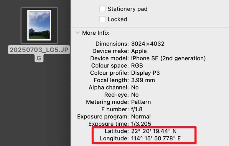 For Mac users, you can obtain GPS information by right-clicking on the photo, selecting “Get Info”.