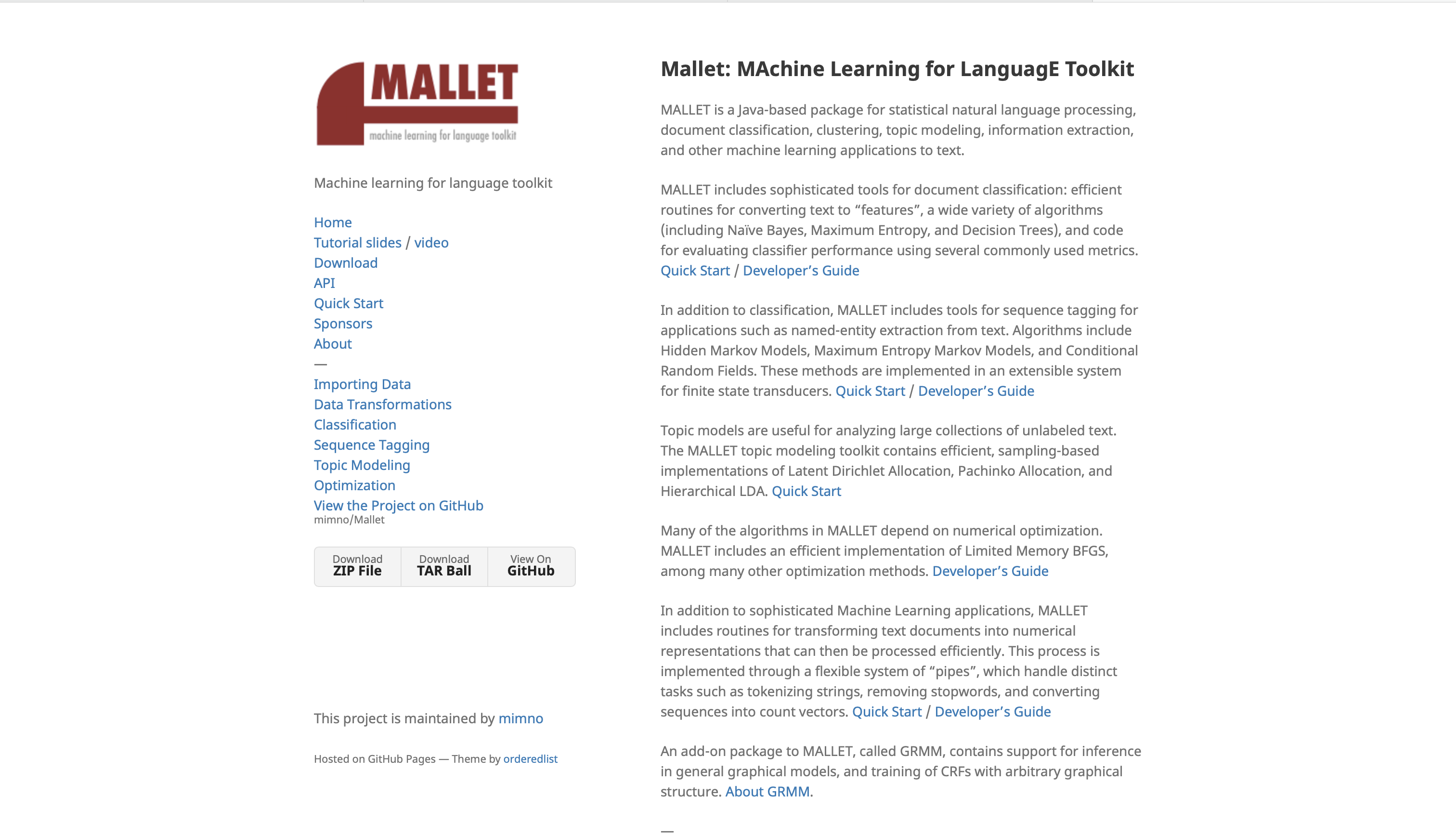 Screenshot of MALLET interface
