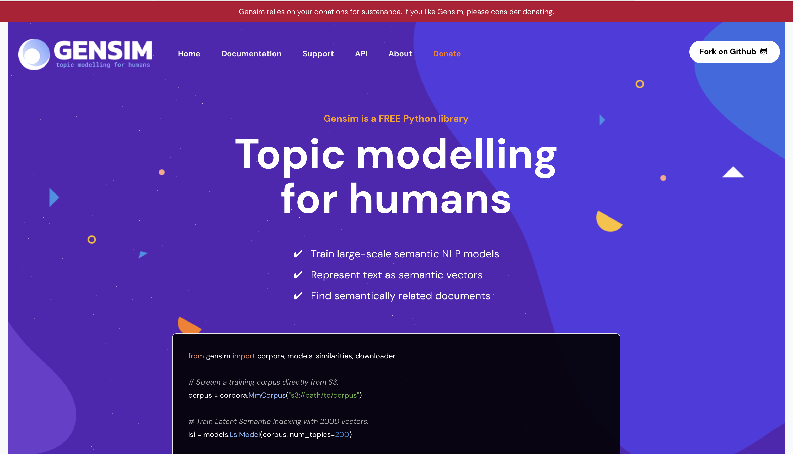 Screenshot of Gensim website