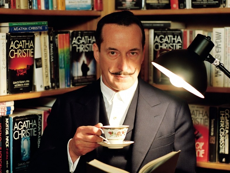 AI-Generated Image of Poirot holding a cup of tea, sitting in front of a shelf of Agatha Christie's work