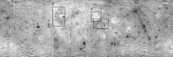 Thermal emission of the moon in mid-night (no sun light); peculiar cold spots (A-E) were discovered the first time