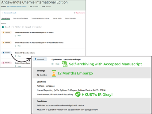Open Policy Finder shows how different versions, submitted, accepted, or published, may be shared, with or without relevant embargo periods and other conditions for meeting OA compliance.