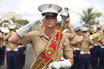 A photo showing US Marine Corps drum major's mace that was used to give signals and keep time for the marching band's performance