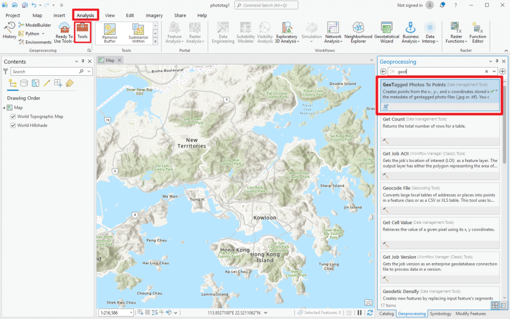 “Analysis” → “Tool” → “GeoTagged Photos to Points”