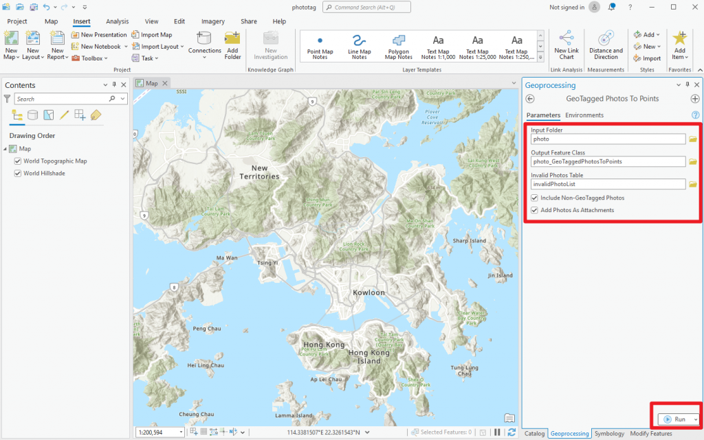 In “GeoTagged Photos to Points”, input parameters and click “Run”.