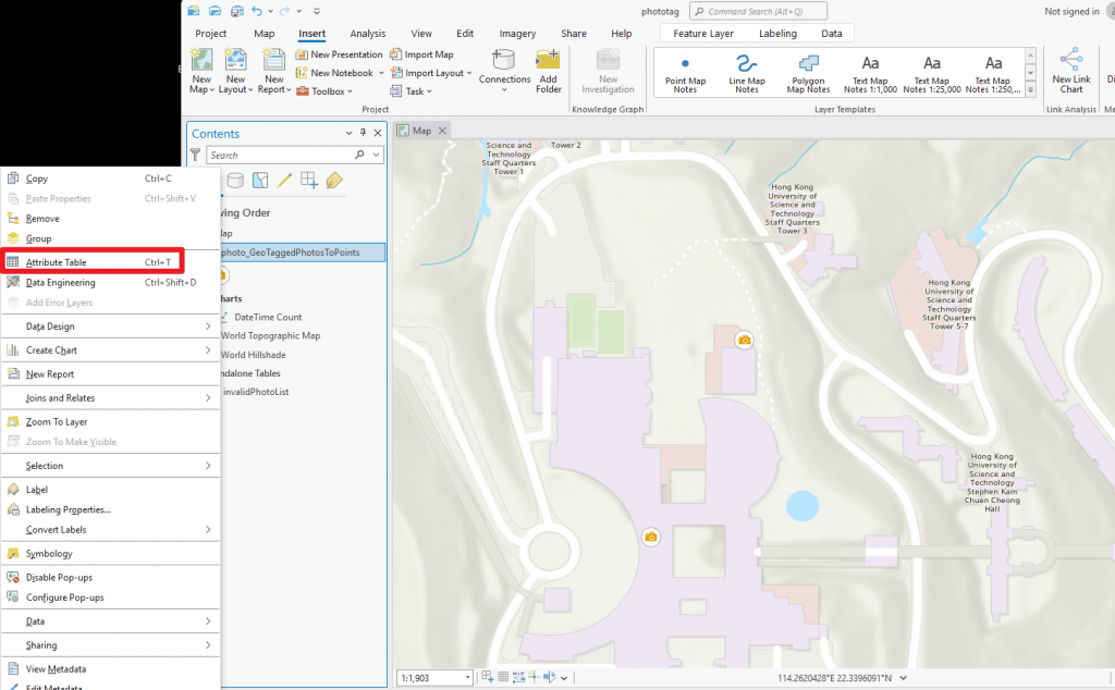 Right click to select “Attribute Table”.