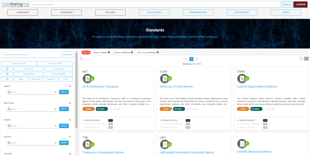 user fairsharing.org to look for vocabularies used for architecture studies
