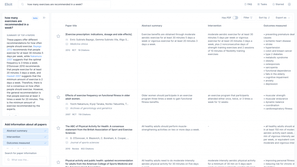 result page of elicit to the question how many exercises are needed per week