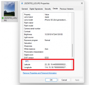 For Windows users, you can obtain GPS information by right-clicking on the photo, selecting “Properties”, and navigating to the “Details” tab.