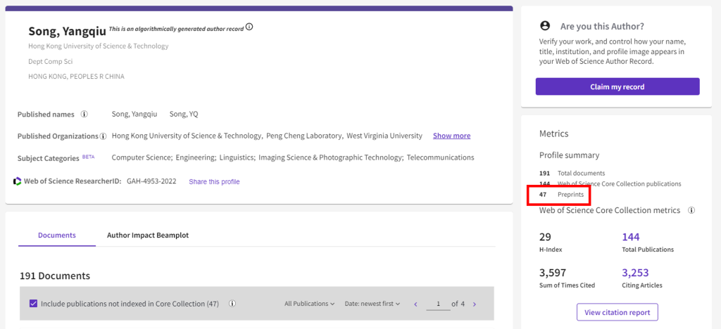 researcher profiles in web of science now includes counts of preprint