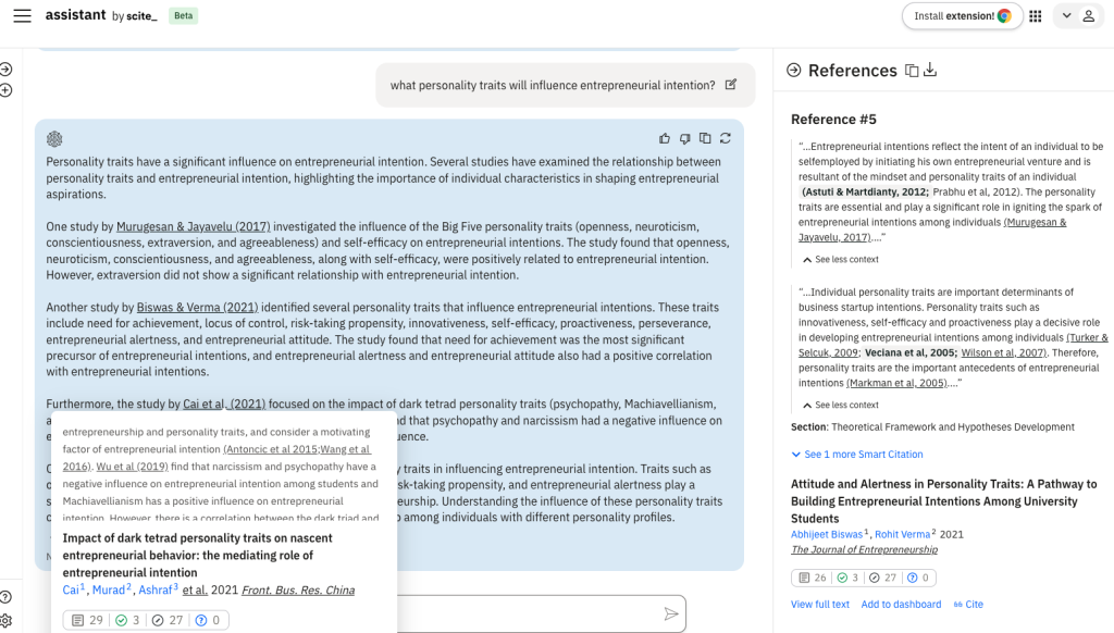 Scite Assistant Answer Sources