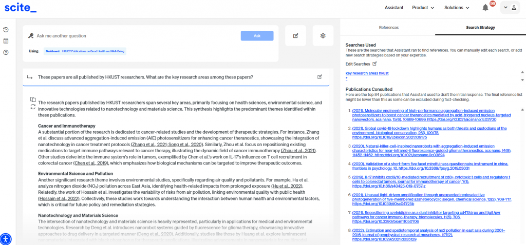 Asking the scite.ai Assistant to summarize HKUST’s research contributions to SDG Goal 3 (Good Health and Well-being) based on a dashboard of papers.