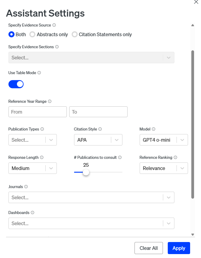 In Assistant Settings, specify response length, publication sources, year range, journals, or dashboards. The default model is GPT-4o-mini.