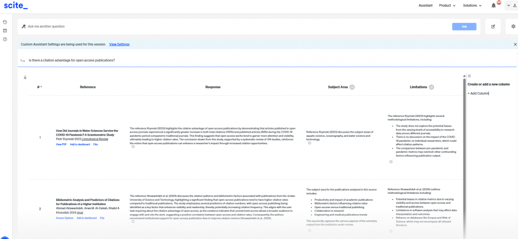 A literature matrix table with custom columns “subject area” and “limitations”