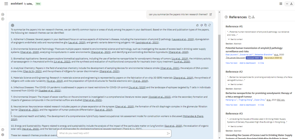 scite dashboard papers research themes