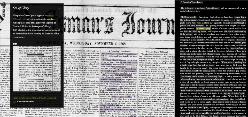 Screenshot of “love letter” exhibition in Viral Texts project . The phrase “sea of glory” is identified frequently in OCR-recognized newspapers