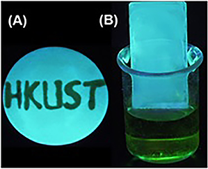 (A) Fluorescent image of AIE polymer deposited on a filter paper. The letters “HKUST” were written by dropping aliquots of a picric acid solution on the filter paper using a capillary tube. (B) A fluorescent film of AIE polymer was fabricated on a glass slide and its fluorescence was completely quenched after dipping into the PA solution.