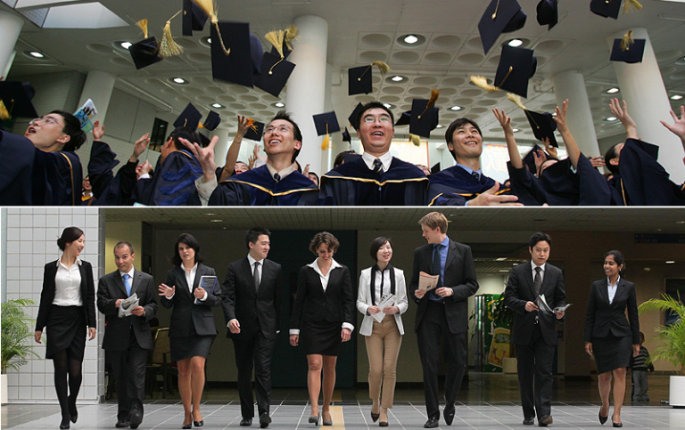 2 photos of HKUST students - above, students in robes throwing hats in air; below students lined up in suits