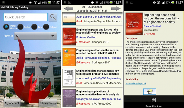 image of 3 screen-shots of Library catalog via mobile interface in 2010