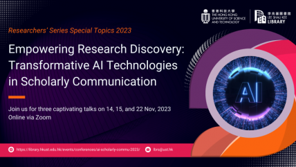 poster for researchers series November 2023. Purple background with words: Empowering Research Discovery: Transformative AI Technologies