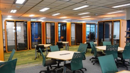 9 orange study pods (enclosed booths) on LG1 of the HKUST Library